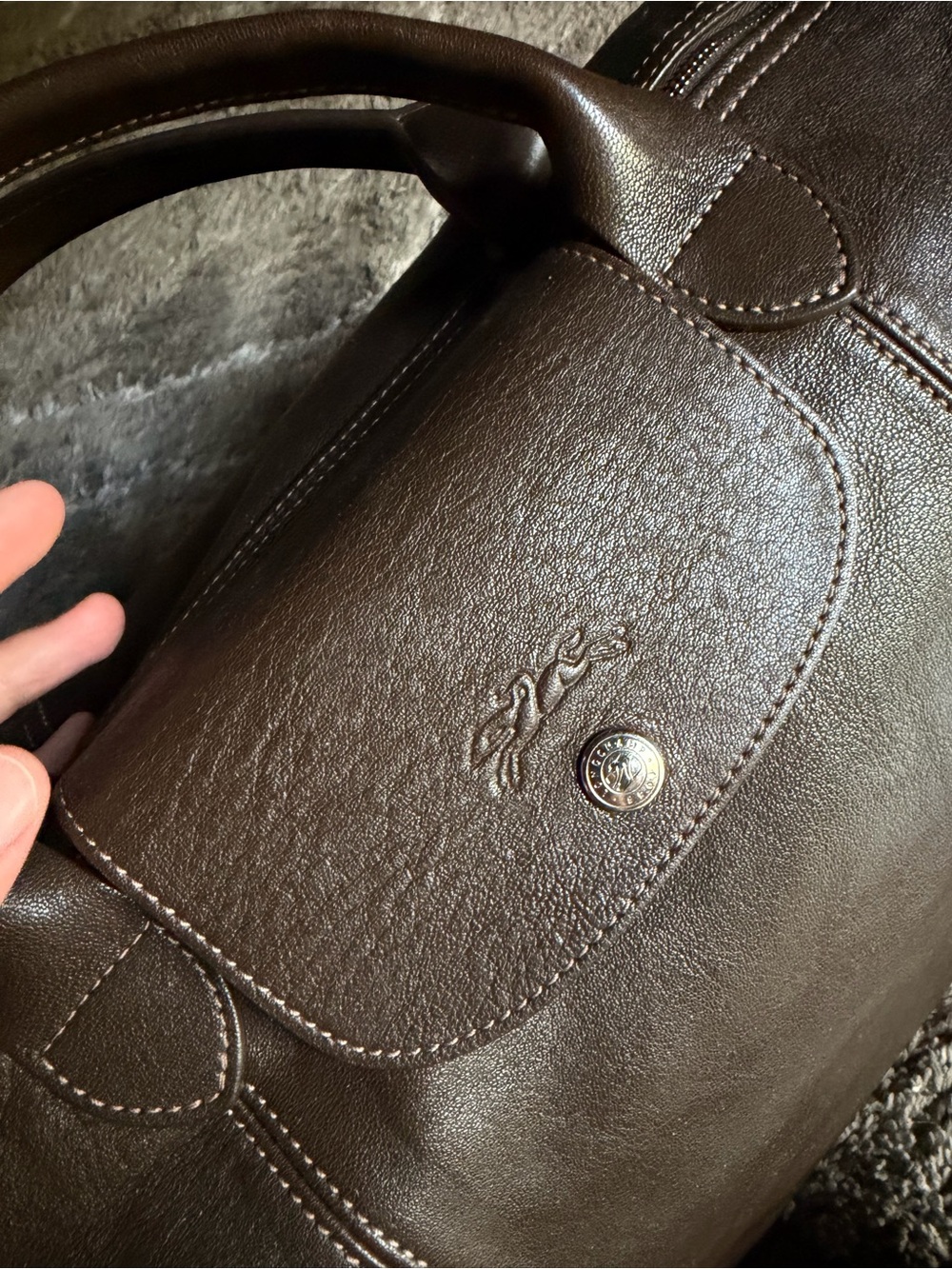Longchamp Le Pliage Cuir Large Leather Top Handle Tote Dark Brown Shoulder Strap - Picture 10 of 13